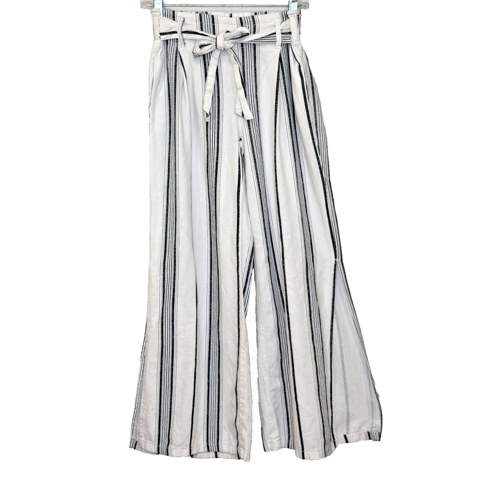 Happily Grey Palazzo Pants Womens Sz Small White Gray Stripe Tie Belt High Slit
